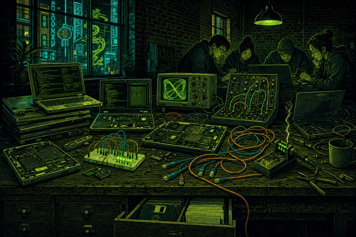NELA Computer Club — a workbench of salvaged laptops, breadboards, an oscilloscope, and a modular synth, people working together.